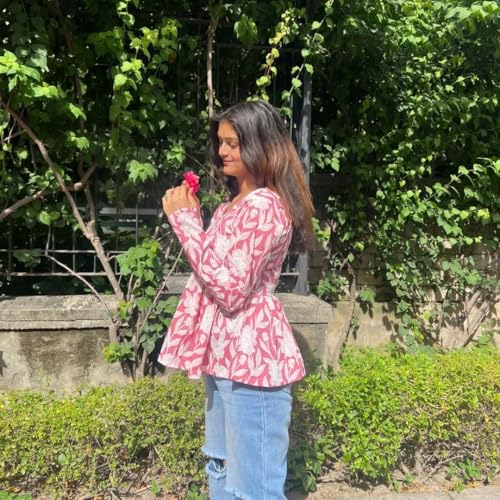 Image of Women's Floral Print Reyon Peplum Top - Casual Loose Fit 3 /4 Sleeve Tunic top, Stylish V-Neck Flared Kurti, Comfortable Everyday Wear
