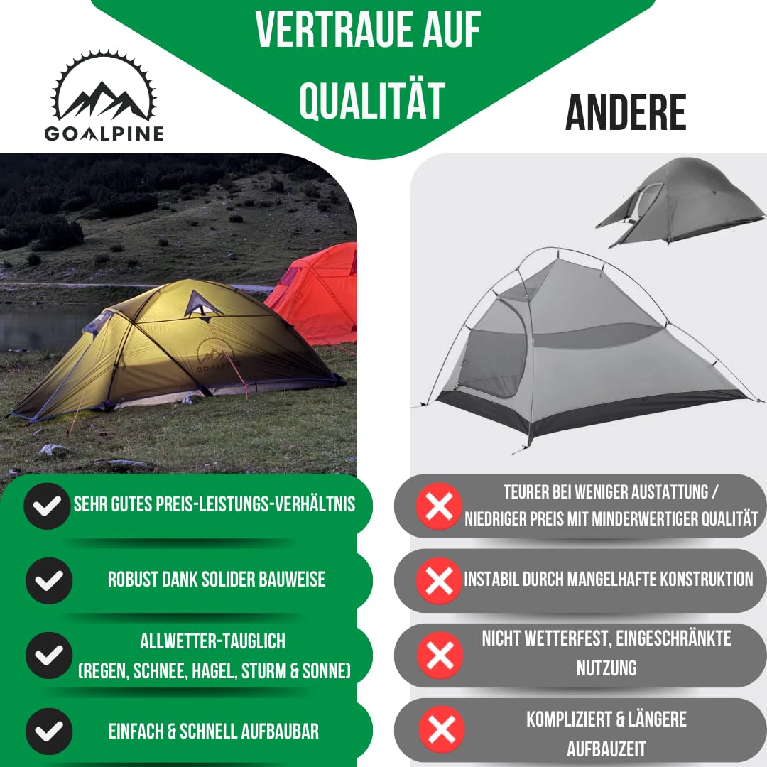 GOALPINE® Zelte für 1 & 2 große Personen | wasserdicht 4000mm | kleines Packmaß | zum Wandern, Bergtouren & Bikepacking | Ultraleicht | 3-4 Jahreszeiten | schneller aufbau