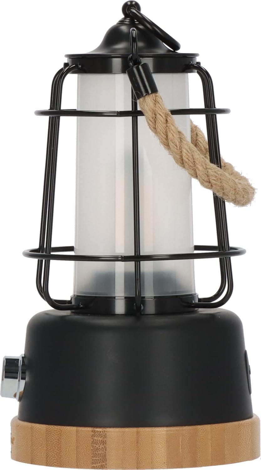 Brennenstuhl Lampada da Campeggio LED Ricaricabile USB (Fino 75 Ore di Luce), Lanterna da Esterno 350lm con Funzione Powerbank, Design Sostenibile con Base in Bambù e Corda in Canapa