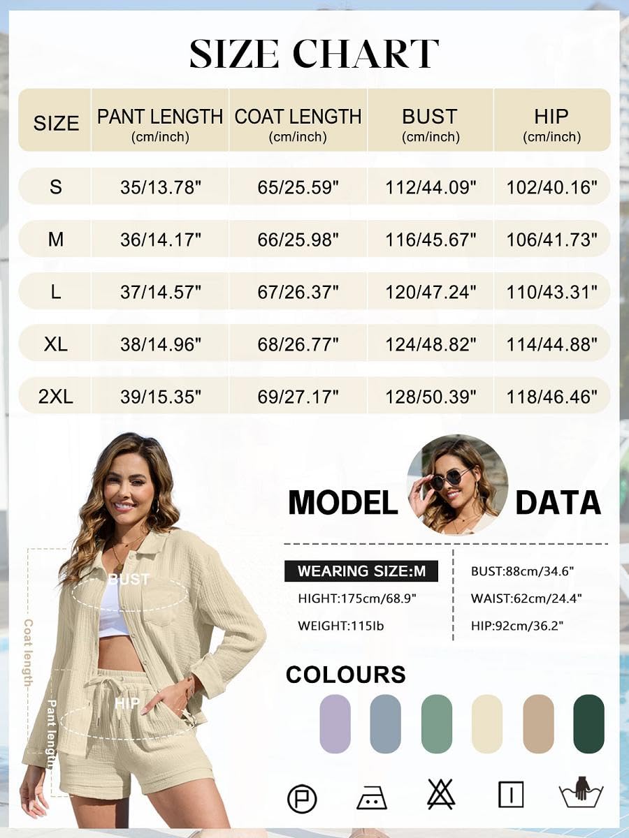 Completo da Donna in Cotone e Lino 2 Pezzi Camicia a Manica Lunga con Bottoni Pantaloncini Corti a Vita Alta Eslatica con Coulisse Casual Completi Spiaggia Lavoro Vacanza