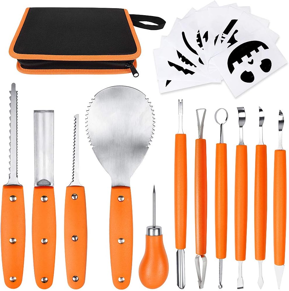 Professional Pumpkin Carving Kit, 11 Pieces Heavy Duty Stainless Steel Carving Tools for Halloween with Carrying Case and 10 Pcs Carving Templates - Orange