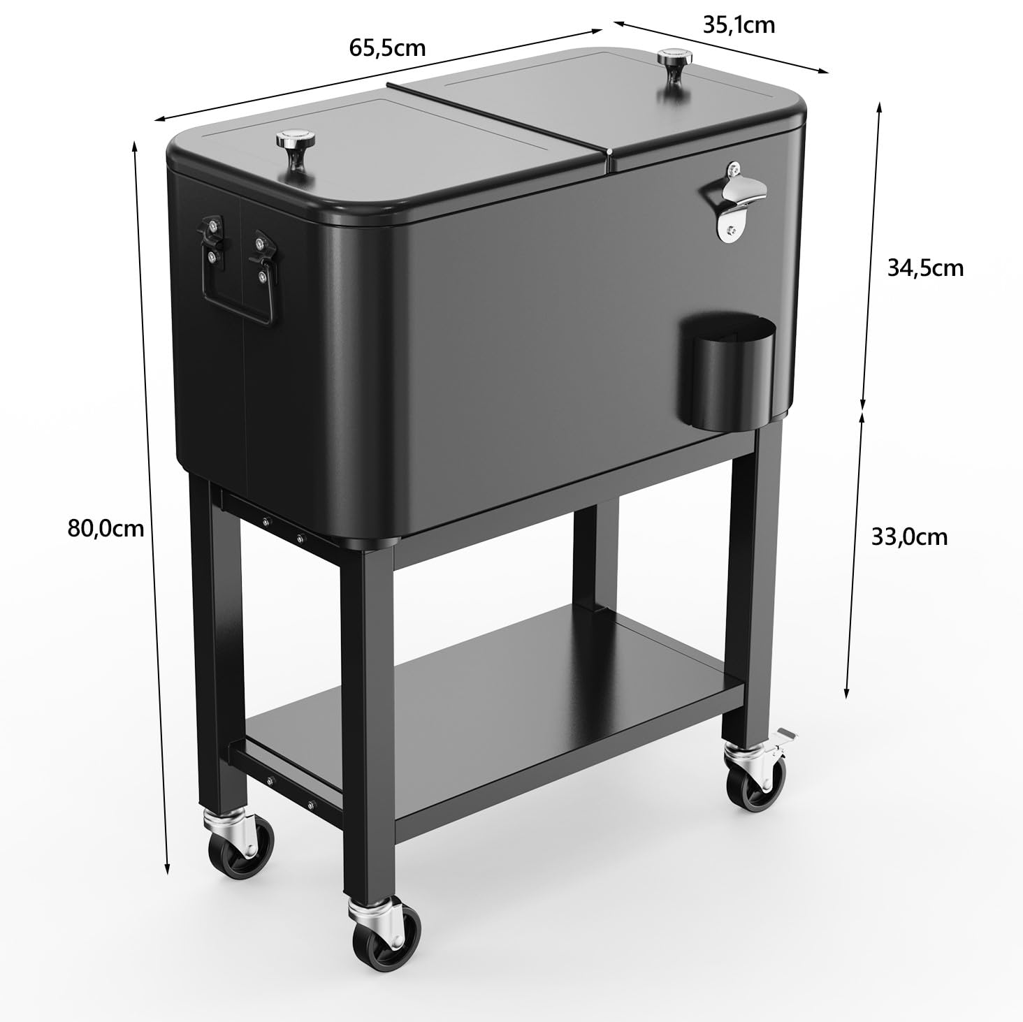 Bonnlo 57L Servierwagen mit Rollen, Beistellwagen, Patio-Kühlwagen, Kühlbox, Getränkekühler mit Flaschenöffner, Praktisch für Outdoor-Partys und BBQs, 35,5 x 66 x 81 cm, Schwarz