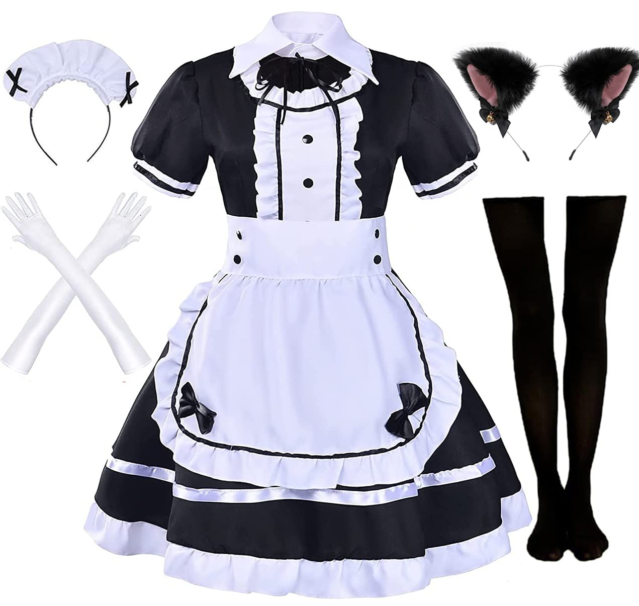 Rickem Ladies Anime Cosplay French Black white bow Apron Dress Halloween Makeup Costume 8PCS Set - XX-Large Black 2