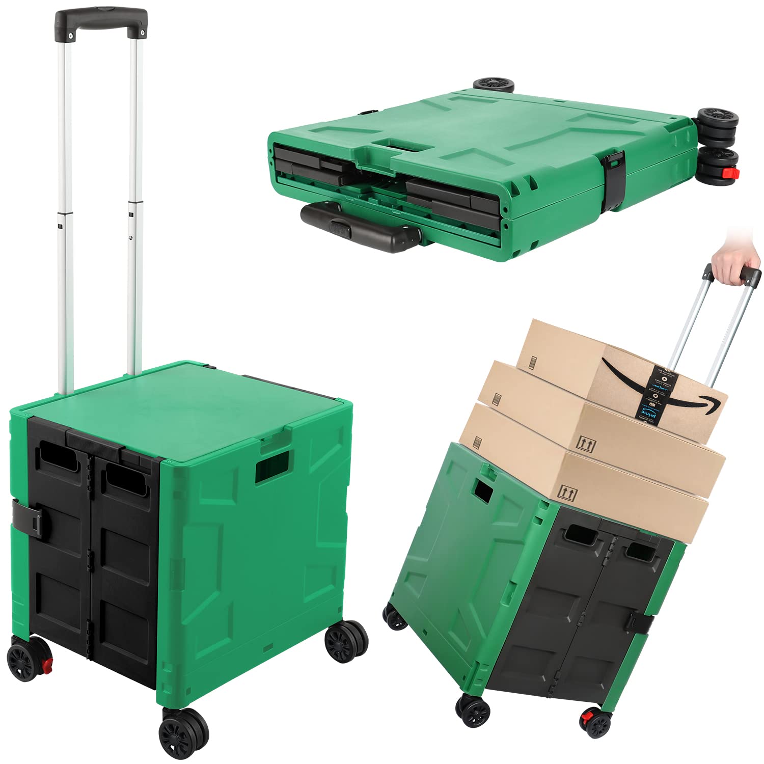 Photo 1 of Foldable Shopping Utility Cart Portable Rolling Crate Handcart with 360°Rotate Wheel,Hidden Lid,Telescoping Handle Collapsible for Travel Shopping Moving Storage Office Use(DarkGreen)