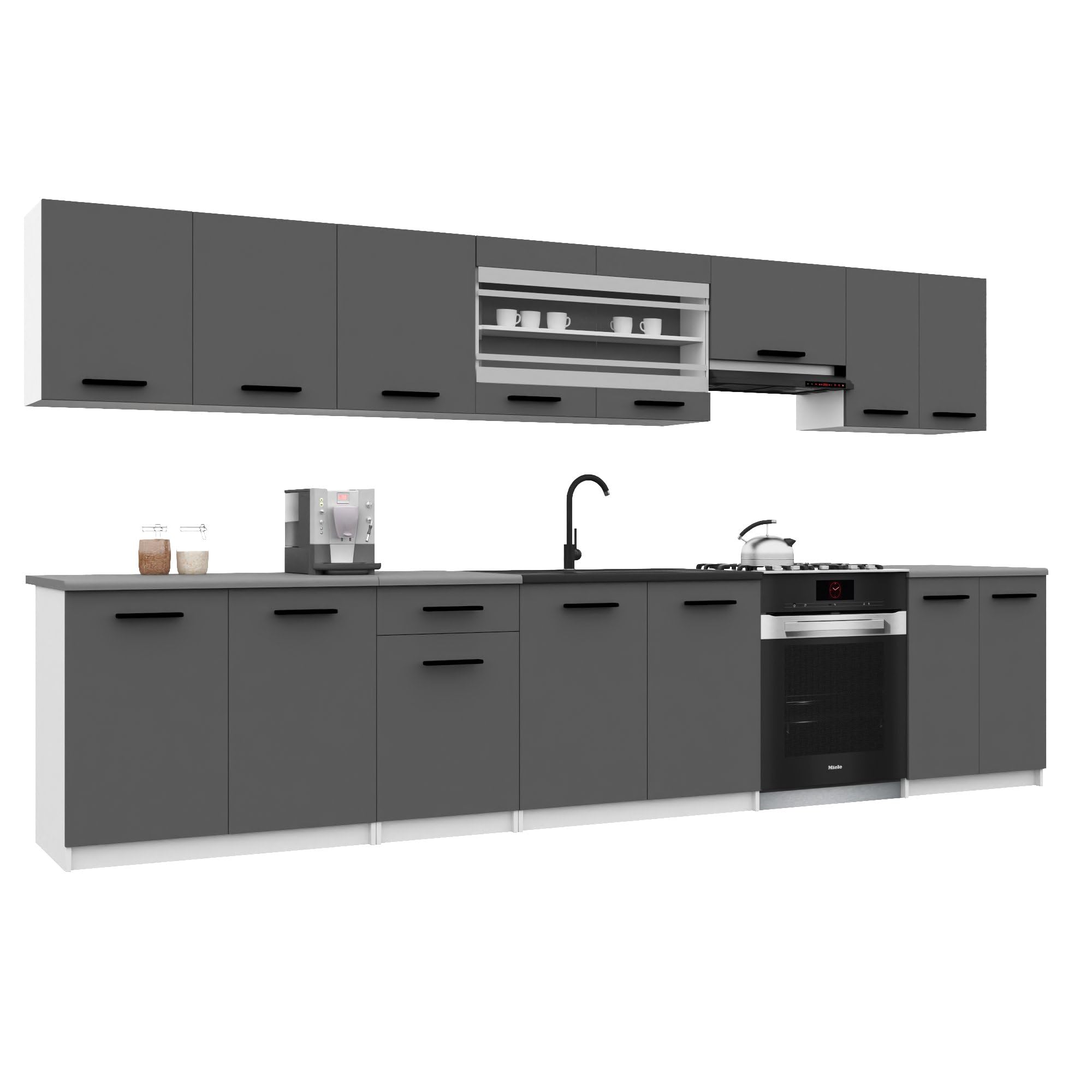 Belini Italia 3 Liniowa szafka kuchenna 320cm Szary | ECONATURA DECOR Liniowa szafka kuchenna, szafka, bez sprzętu AGD, z blatem roboczym