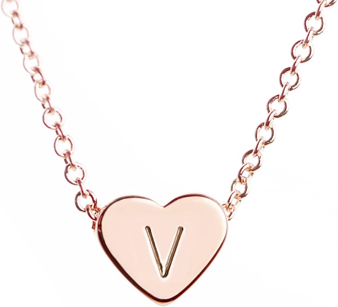 MignonandMignon Rose Gold Heart Necklace Initial Necklace Mother's Day Gift Bridesmaid Graduation Gift for Her (V)