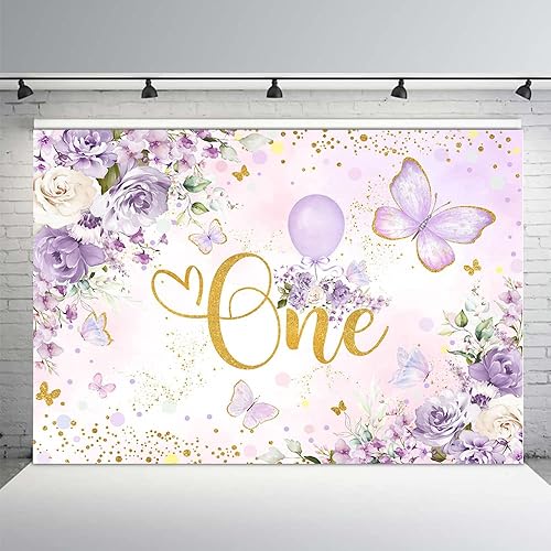 MEHOFOND Telón de fondo de cumpleaños de un año para niñas de 7 x 5 pies, diseño floral morado, fondo de fotografía de Little Miss Onederful,