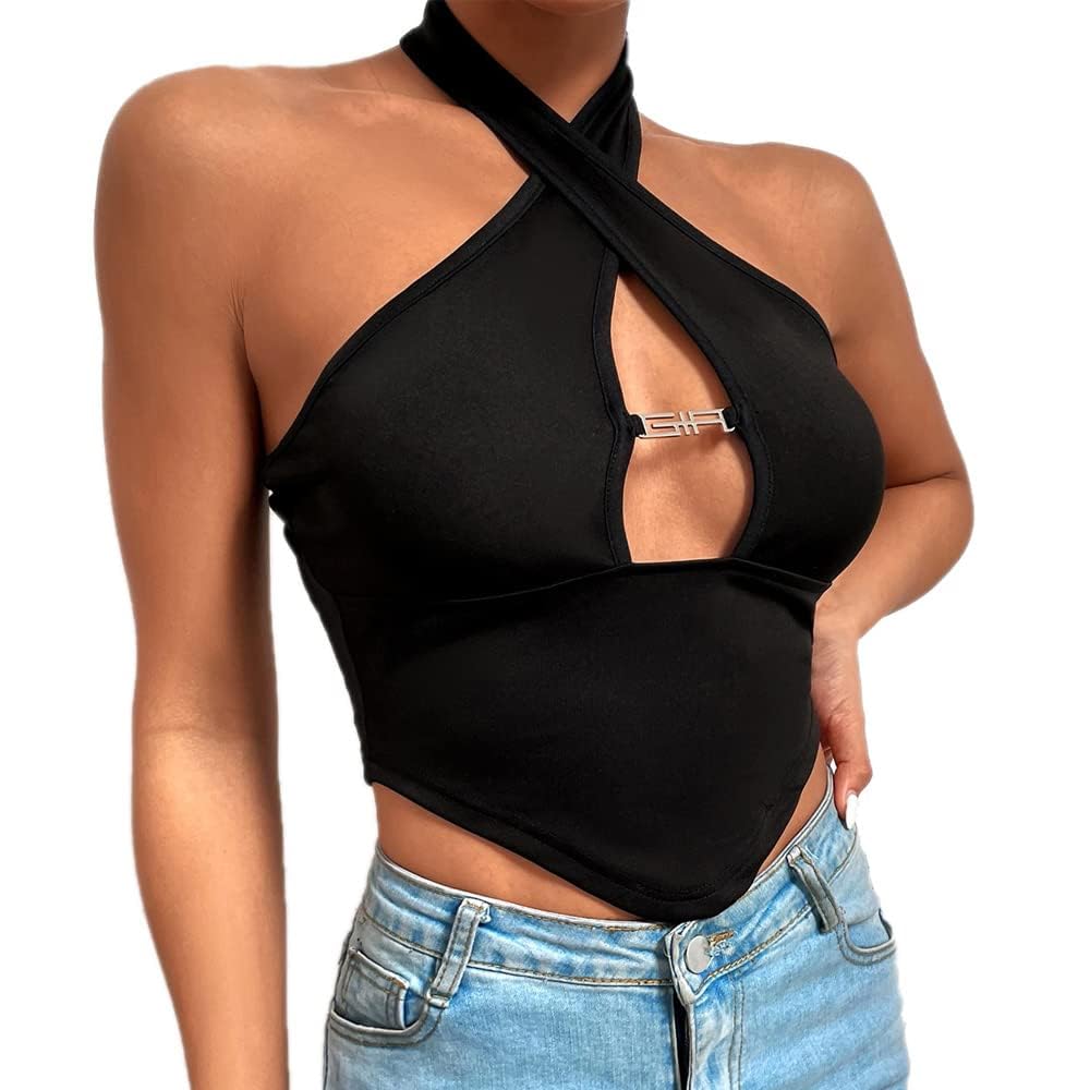 QKEPCY Vests for Women Crisscross Halter Tank Tops Summer Tops Ladies Sleeveless Front Wrap Backless Cami Crop Top Y2K Bustier Corset (M)
