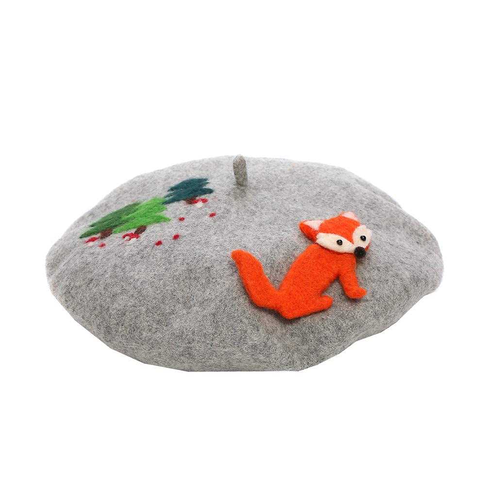 Zasy Women's Forest Fox Winter Hat Classic Wool Beret French Beanie Cap Handmade Felt Patterns