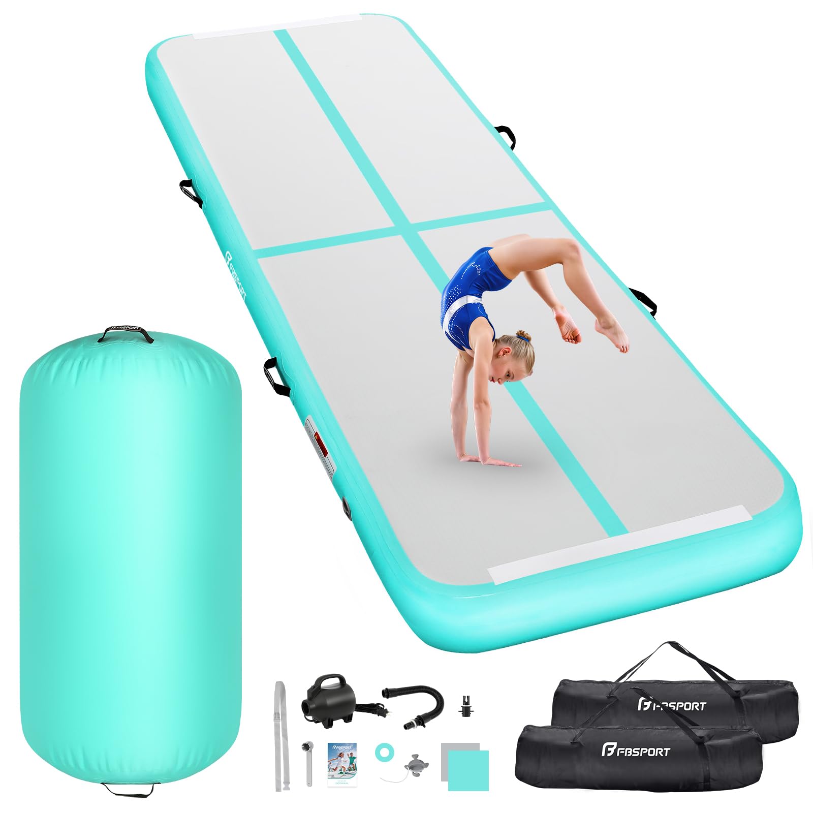 FBSPORT Airtrack Matte mit 100x60cm Air Roll, 10cm Hoch Verdicken 3/4M Tumbling Matte,Gymnastikmatte mit Luftpumpe,Trainingsmatte mit Tragetasche,Turnmatte für Zuhause, Outdoor,Yoga