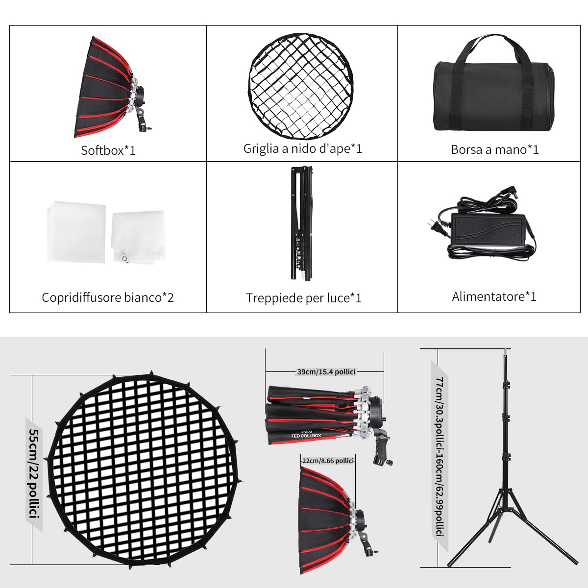 Kit Luce Led 60w Softbox Parabolico Portatile da 55cm/21" con Griglia Nido d'Ape Apertura/Chiusura Rapida 3000-6500k Ritratto, Prodotto, Live Streaming, Video in Studio o Esterni