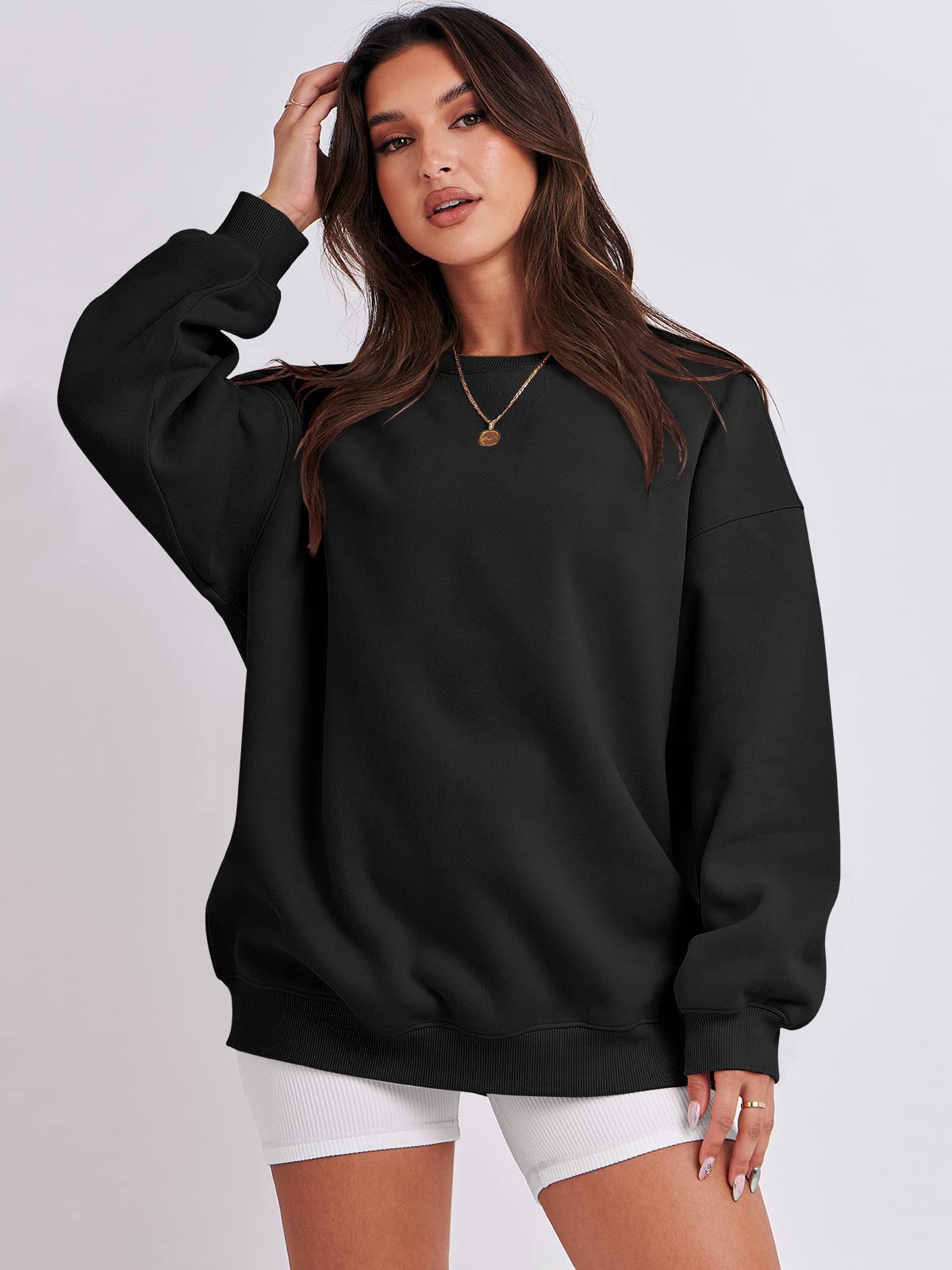 Damskie bluzy oversize bluzy z kapturem polar okrągły dekolt sweter top codzienne jesienne stroje preppy ubrania nastolatki 2024 A1019 światło, Jeden kolor, Black_X-Small