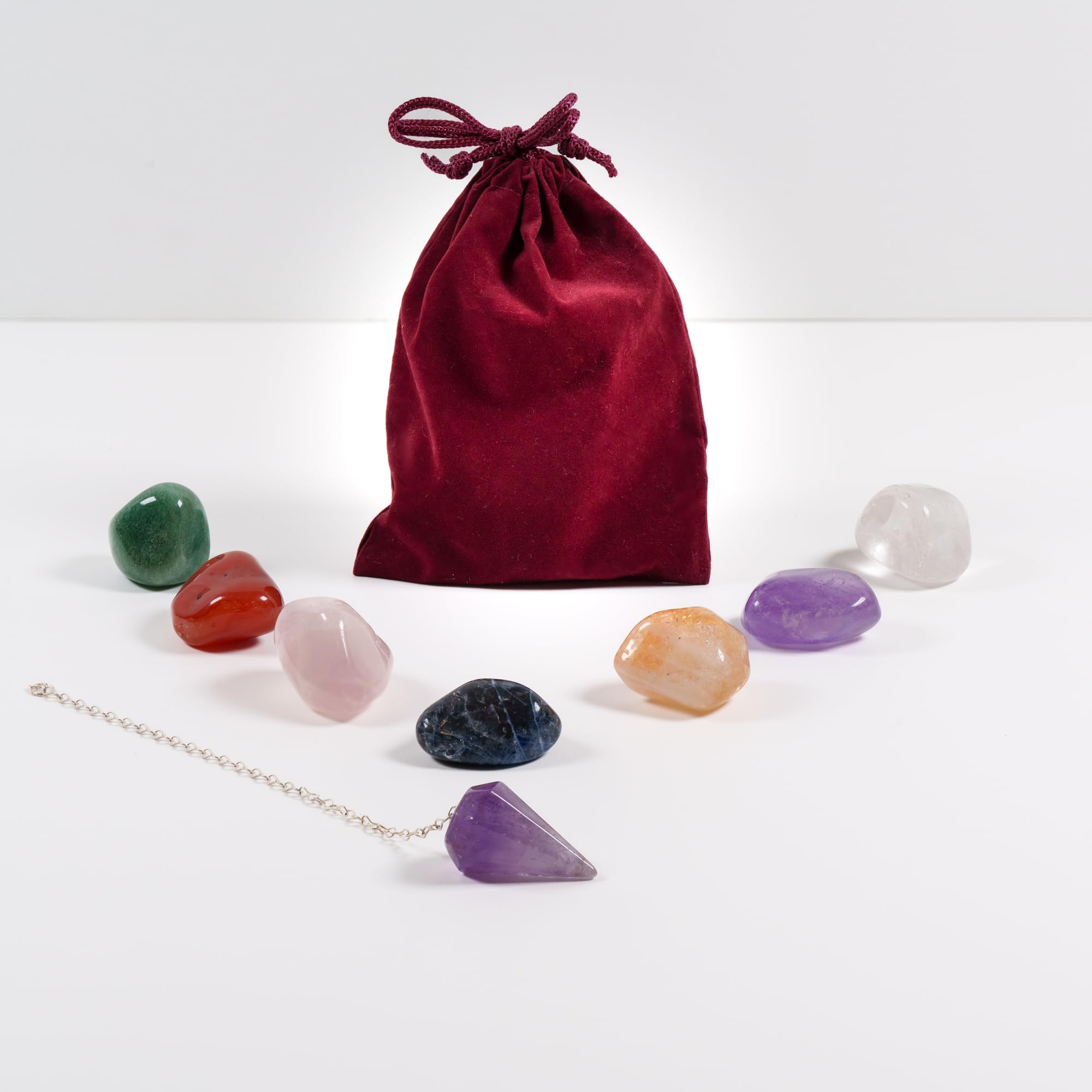 Large Premium Chakra Crystal Set - 7 Natural Healing Crystals Chakra Stones, Real Amethyst Pendulum with Chain in Velvet Sack - Colorful Real Crystals- Travel Collection, Gift Ready
