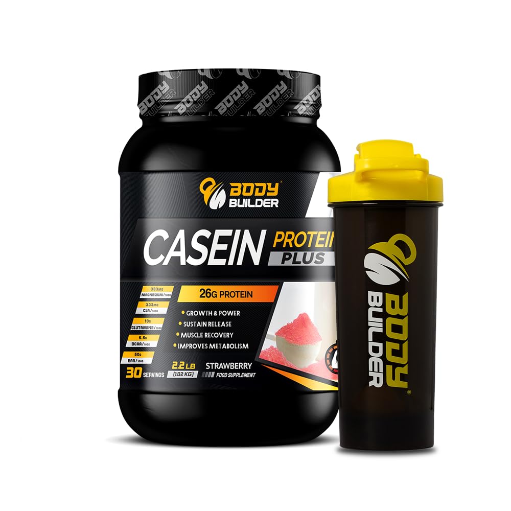 Body Builder Casein Protein Plus - Micellar Casein Protein Powder - 73% Protein - Slow Digesting, Helps Keep You Full, Overnight Muscle Recovery - (2.2 LB, STRAWBERRY) (SHAKER FREE)