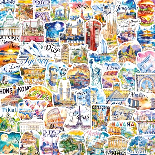 CKXTYNG 200 Pcs World Travel Stickers, Waterproof Vinyl Landmark Sticker Pack, Watercolor Travel Map Decals for Suitcase Laptop Journal Scrapbook Cup Decor