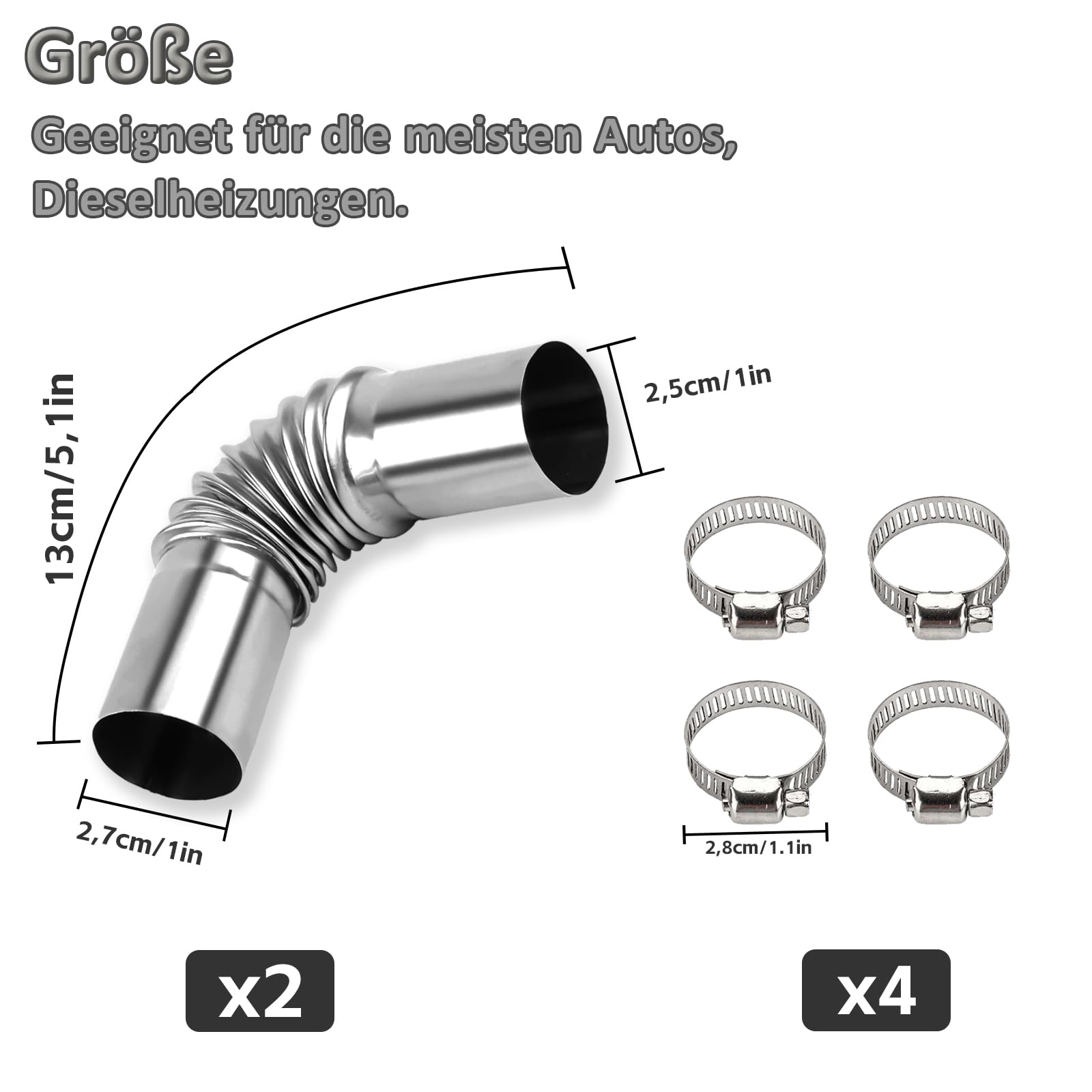 Lot De 2 Raccords Coudés Acier Inoxydable 24 Mm - Pour Tuyau D'échappement Chauffage Voiture - Avec 4 Pinces Et Tournevis