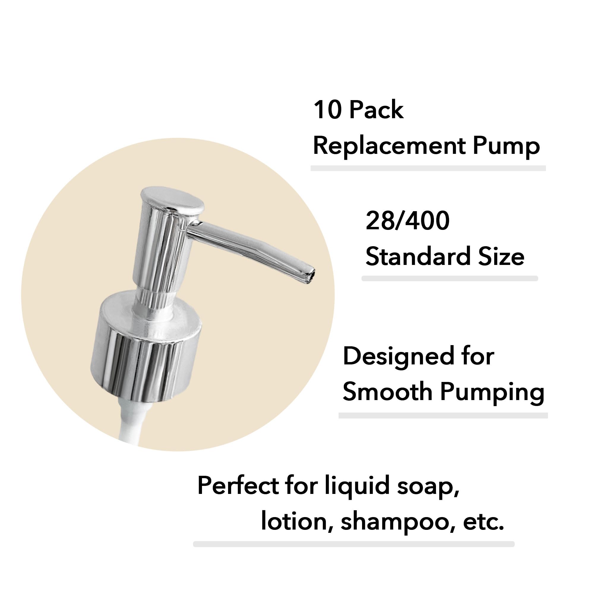 Soap Dispenser Pump Head Replacement 10 Pack, 28/400 Threads Standard Size, for Bathroom and Kitchen (Clear Silver)
