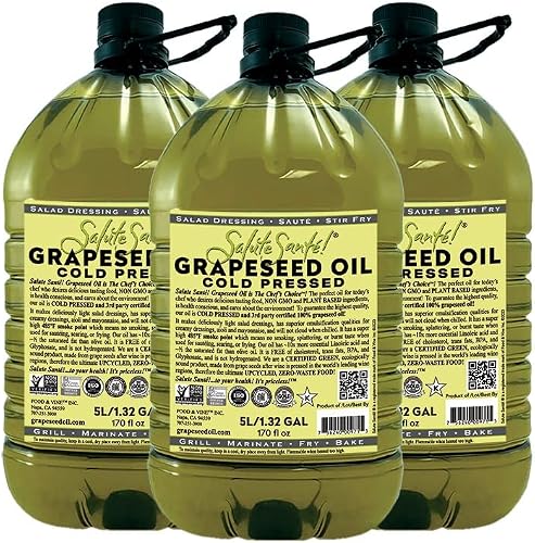 Cold Pressed Grapeseed Oil by Salute Sante! High Temperature Cooking, Healthy Grape Seed Oil, Non-GMO and Kosher for Salad Dressings, Marinades and Dips, Vegan, 5 Liter, 3 Pack