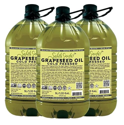 Cold Pressed Grapeseed Oil By Salute Sante! High Temperature Cooking, Healthy Grape Seed Oil, Non-Gmo And Kosher For Salad Dressings, Marinades And Dips, Vegan, 5 Liter, 3 Pack #TOP16