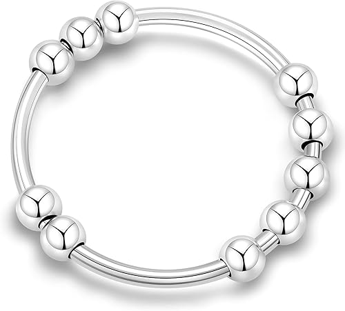 CIELTEAR Anillo de ansiedad de plata de ley para mujer, anillos de ansiedad para mujer, anillo de ansiedad con cuentas, regalo para aliviar el