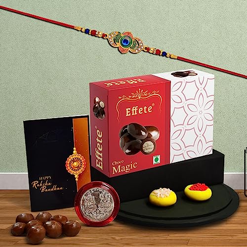 Image of DeoDap Rakhi Combo Gift Set for Brother - 5-Piece Set Including 32gm Chocolate, Tilak Set, Pooja Coin and Greeting Card