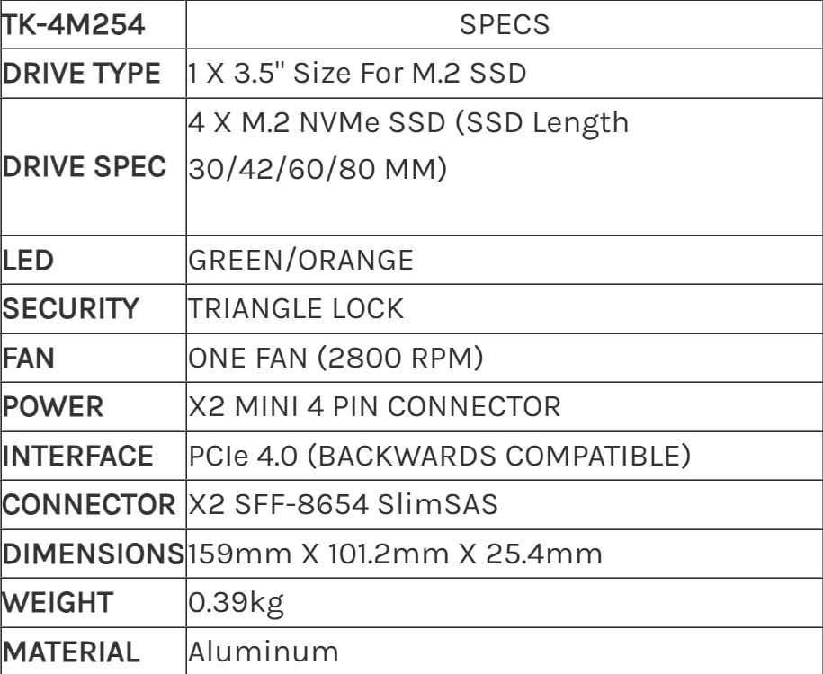 Tekram TK-4M54 Gabinete 4 Bahías M.2 NVMe con Cable miniatura 5