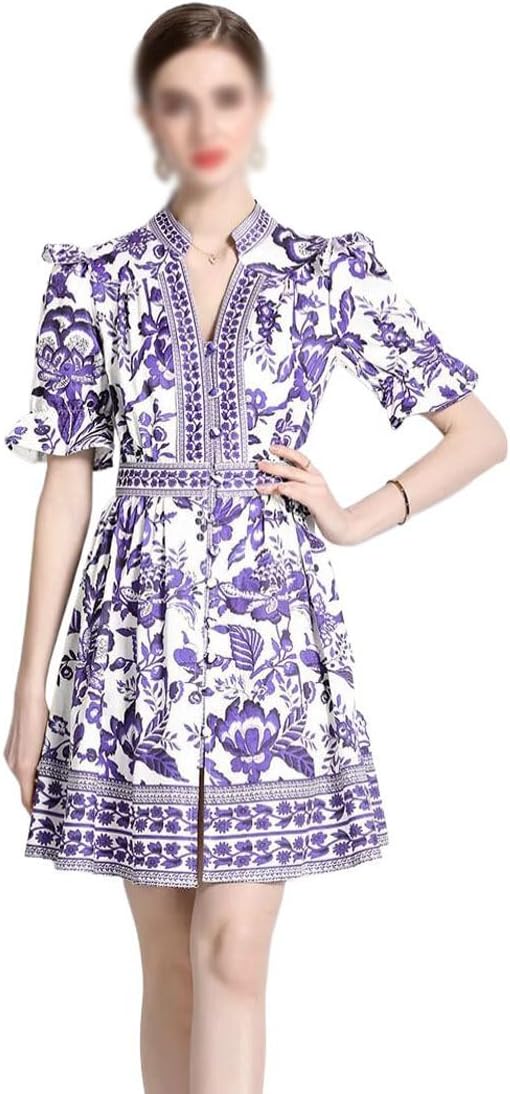 Summer Dress Women's V Neck Sleeve Ruffles Flower Print A-Line Beach