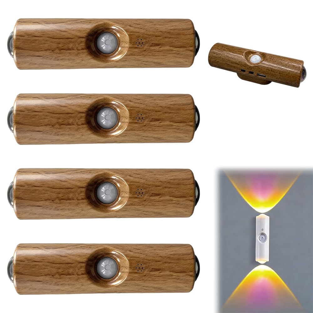 Motion Sensor Lights Indoor, 2026 New Rechargeable Dynamic RGB LED Wall Lamp, Magnetic Mount, Punch-Free Color Changing Motion Sensor Light for Stairs, Wardrobe, Cabinet (4, Wood)