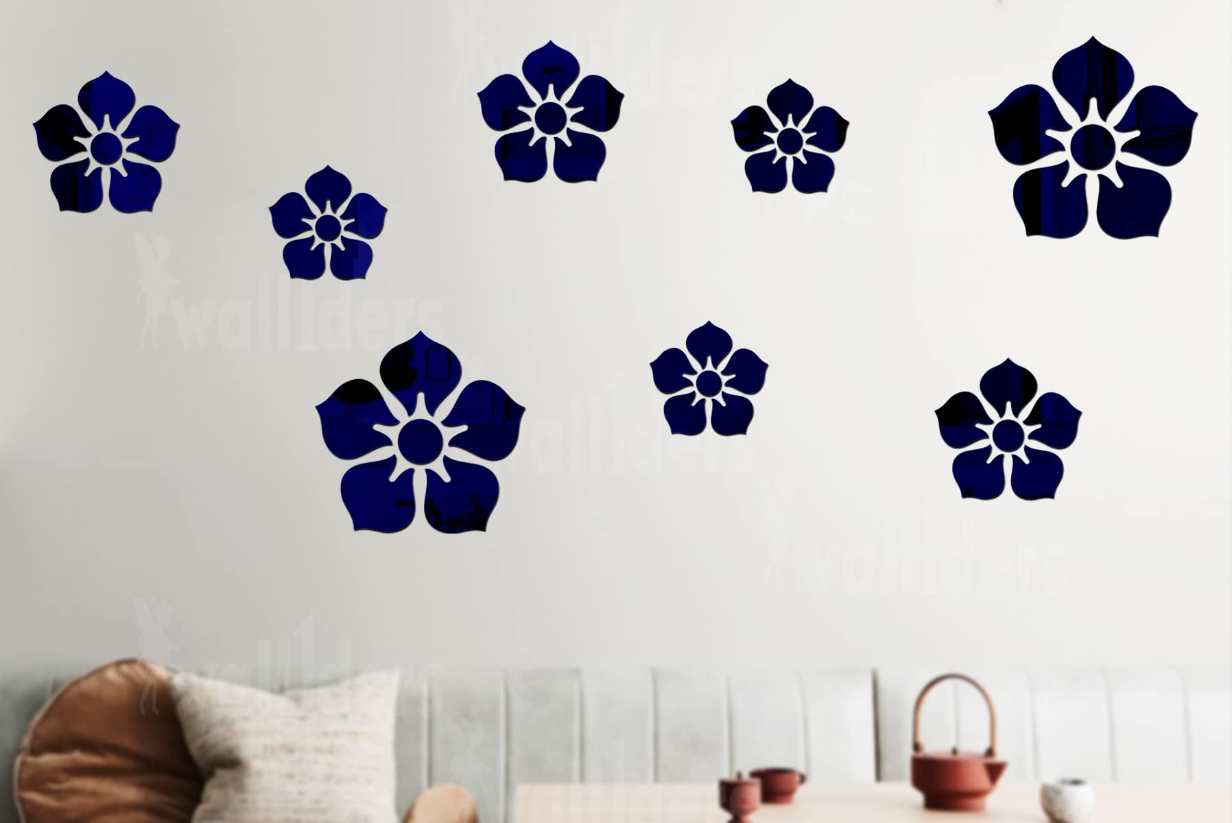 Flower Big Medium Small Mirror Stickers for Wall, 3D Mirror Wall Stickers, Acrylic Wall Stickers, Wall Stickers for Hall Room, Home & Offices. for Home & Office (Pack of 8) (Blue)