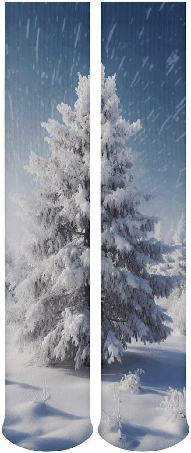 Breathable Crew Sock, Moisture Wicking, Athletic Calf Socks, Cozy | Snow Pine Tree Christmas Compression Socks for Women Men, Lightweight High Work Socks for Business, Casual