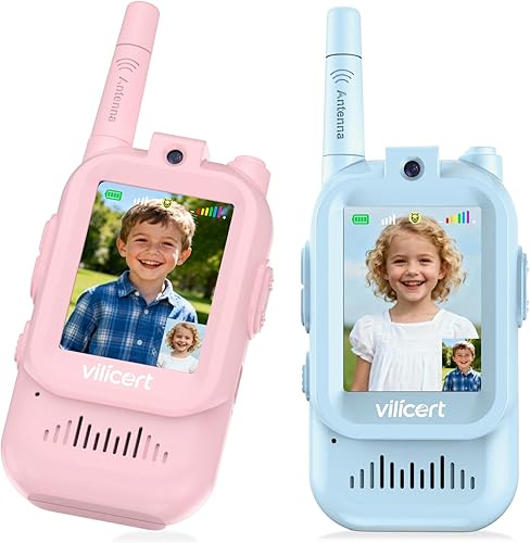 Walkie Talkie - Juguetes de video para niños de 3 a 12 años, paquete de 2 walkie talkies con pantalla, radio de 2 vías de largo alcance con 4
