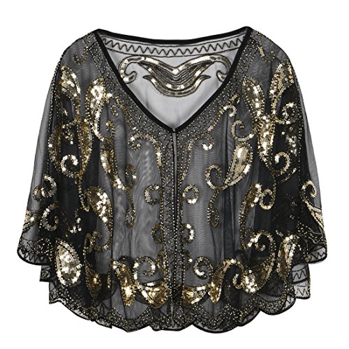 PrettyGuide Women's Evening Cape 1920s Vintage Cocktail Flapper Beaded Shawl Gold