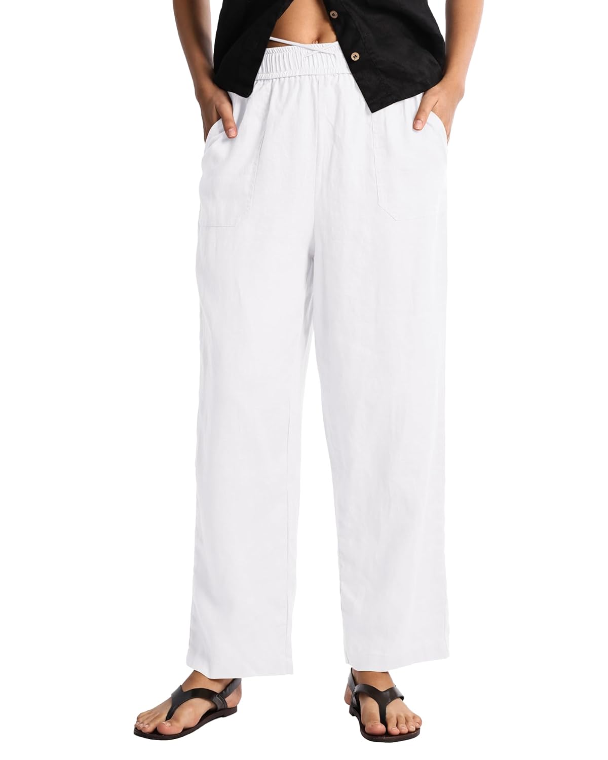 Womens Pure Linen Pants Mid Rise Drawstring Loose Fit Summer Trousers with Side Pockets