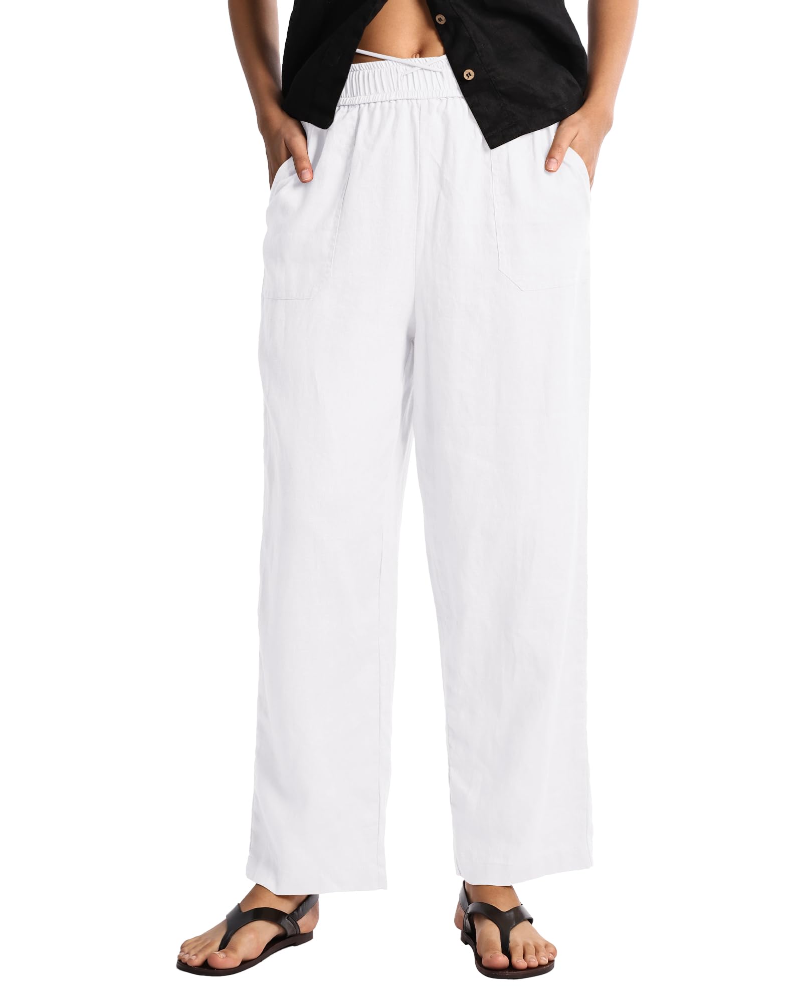 Womens Pure Linen Pants Mid Rise Drawstring Loose Fit Summer Trousers with Side Pockets