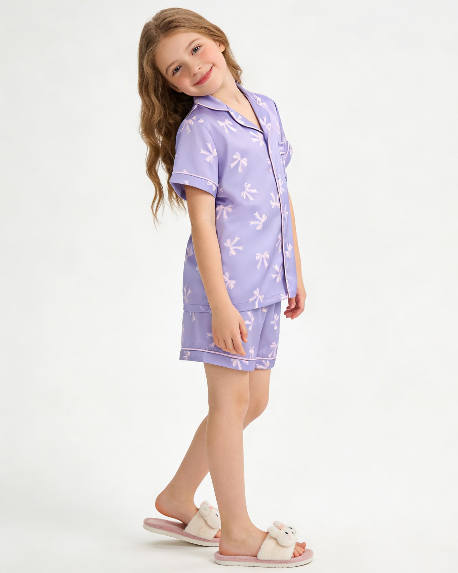 Satino Pigiami Due Pezzi per Bambina Maniche Lunghe Pyjamas Ragazza Sottile e Liscia Come la Seta
