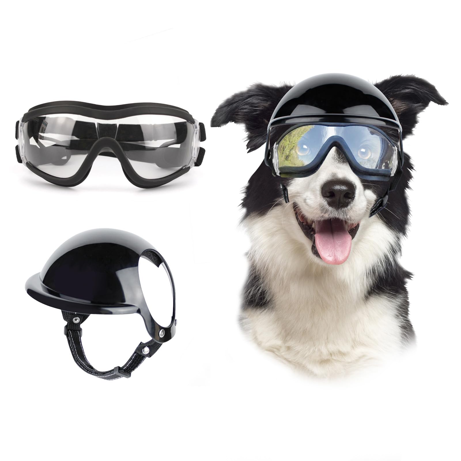 Set di occhiali e casco per cani, occhiali da sole antipolvere con protezione UV, resistente casco da moto con foro per le orecchie, occhiali regolabili per cani di taglia media e grande