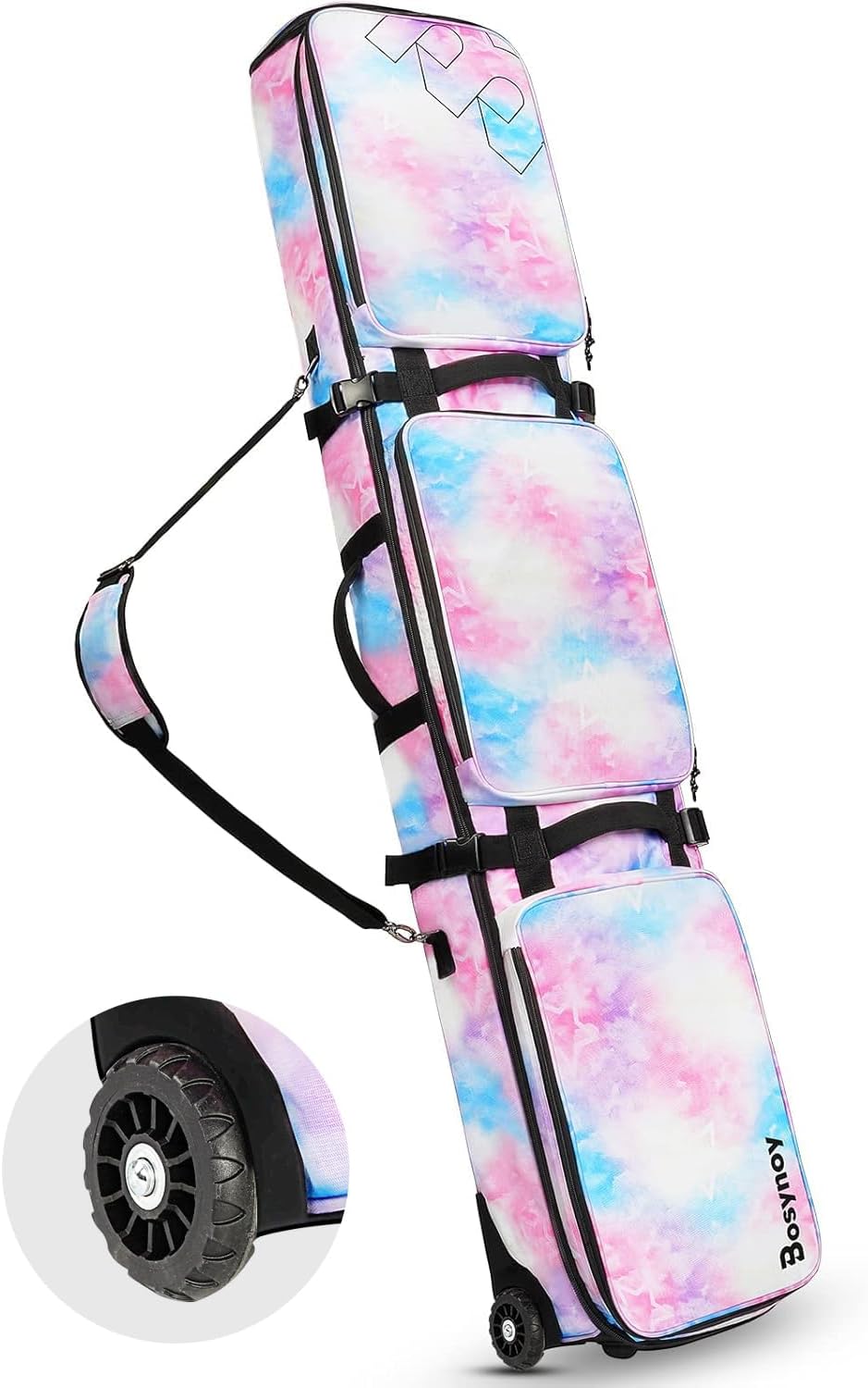 Bosynoy Snowboard Bag with Wheels, Extendable Ski Bags for Air Travel Length up to 175cm, Water Resistant Snowboard Travel Bags for Flying, Padded Ski Bag for Boots Up to Size 13, Helmet, Jacket, Pink