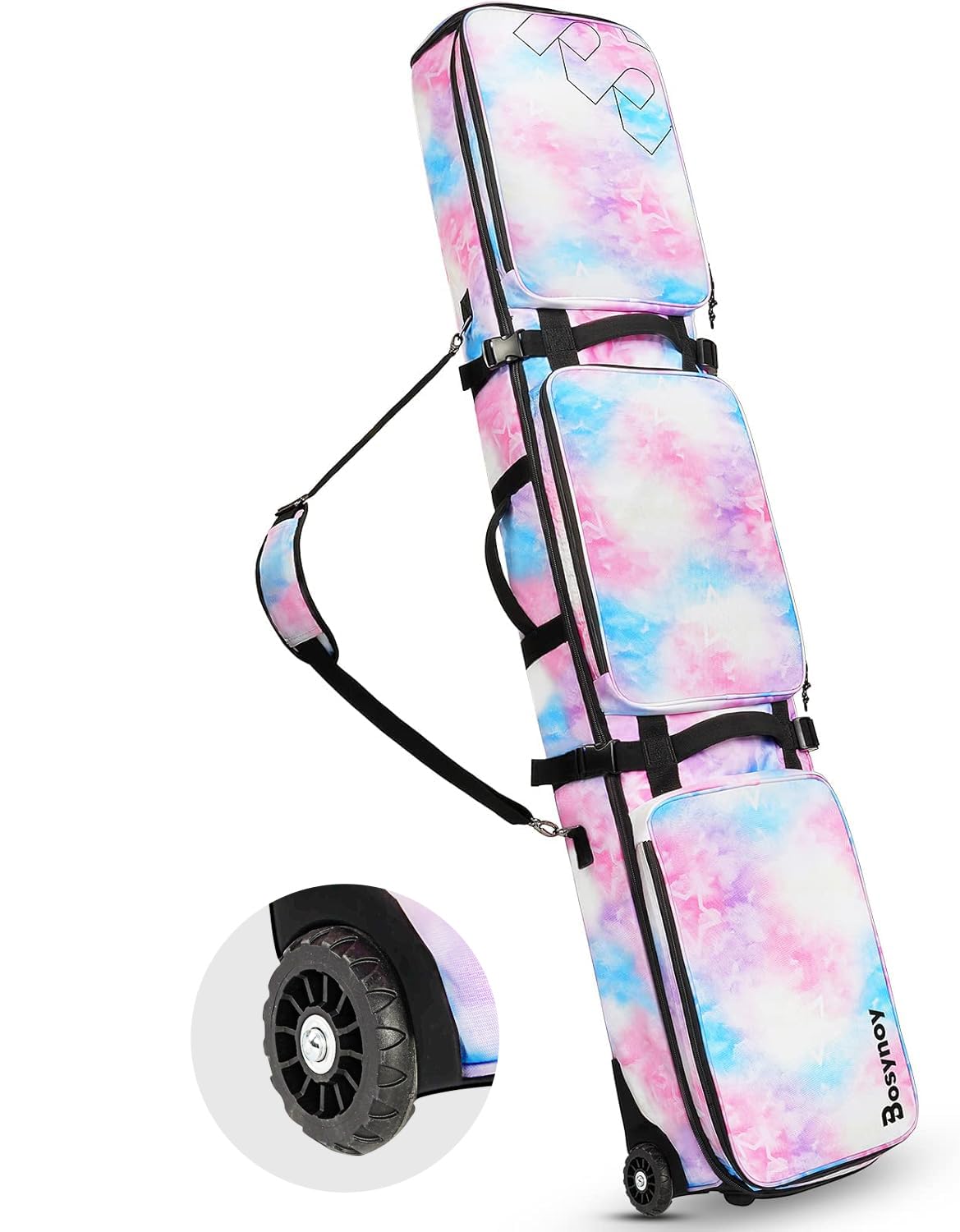 Bosynoy Snowboard Bag with Wheels, Extendable Ski Bags for Air Travel Length up to 175cm, Water Resistant Snowboard Travel Bags for Flying, Padded Ski Bag for Boots Up to Size 13, Helmet, Jacket, Pink