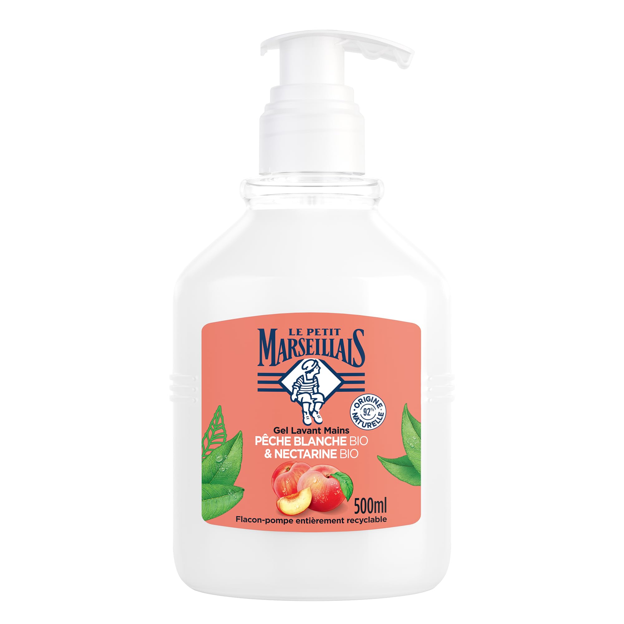 Le Petit Marseillais – Gel Lavant Mains Pêche Blanche BIO & Nectarine BIO (flacon-pompe de 500 ml) – Savon liquide avec 92 % d'ingrédients d'origine naturelle – pH neutre pour la peau