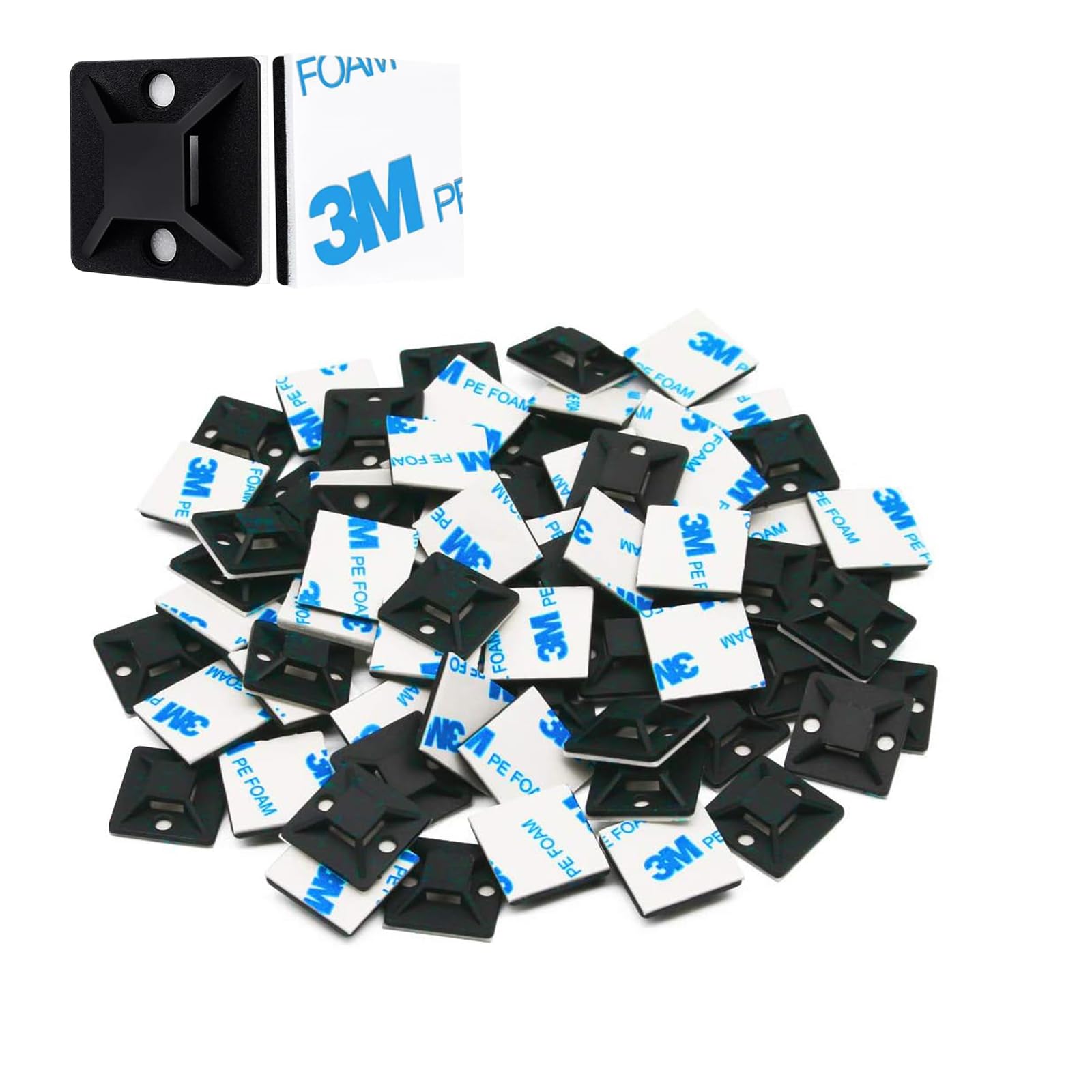100 Pack 1.1" Strong Black Cable Tie Mounts, Sticky Self-Adhesive Base, 3M Cable Management Clips for Home & Office