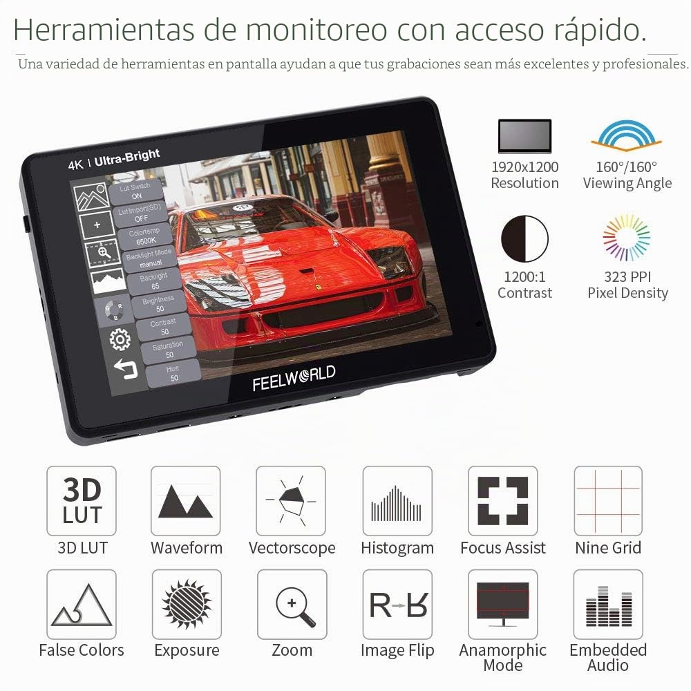 Feelworld LUT7S 7 Pulgadas 2200nit Ultra Brillante 3D Lut Touch Screen DSLR Cámara Monitor de Campo 1920x1200 IPS 4K HDMI 3G SDI DC Output Forma de Onda Sensor de Luz