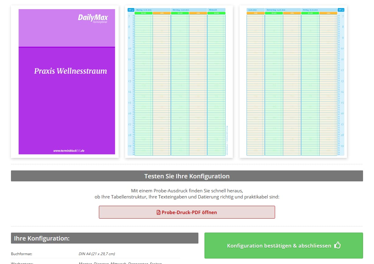 Terminplaner Praxis datiert mit frei wählbarem Startdatum, individuellem Deckblatt und Spaltenbeschriftung! Format optimal für 6 Mitarbeiter /15-Min-Takt