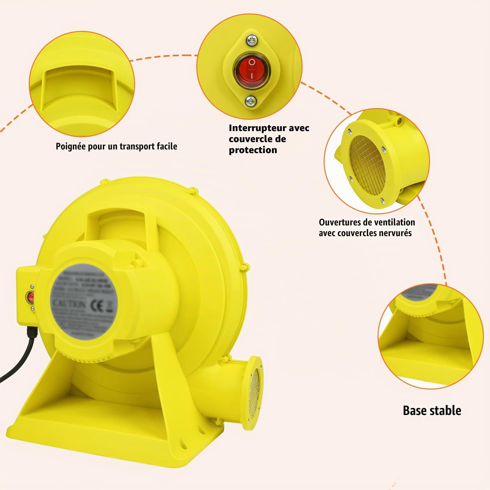 Froadp Ventilateur d'air portable Pompe gonflable électrique 2100Pa Faible Bruit Souffleur jeu gonflable Jaune+Orange