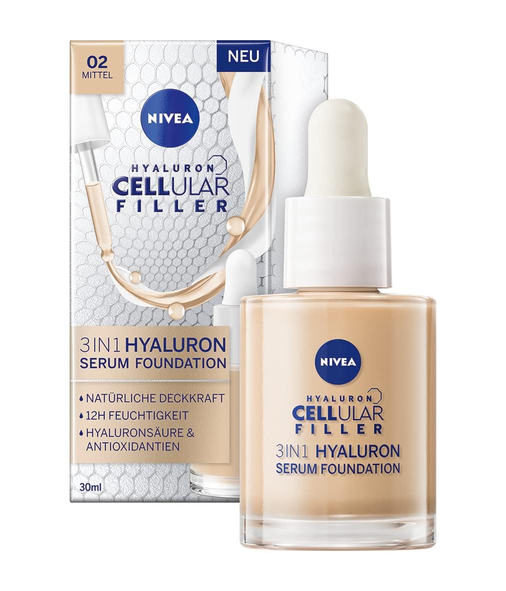 NIVEA 3in1 Hyaluron Serum Foundation mittel (30 ml), Anti-Age Make-up für eine jünger aussehende Haut, feuchtigkeitsspendend und verleiht einen natürlich-ebenmäßigen Teint