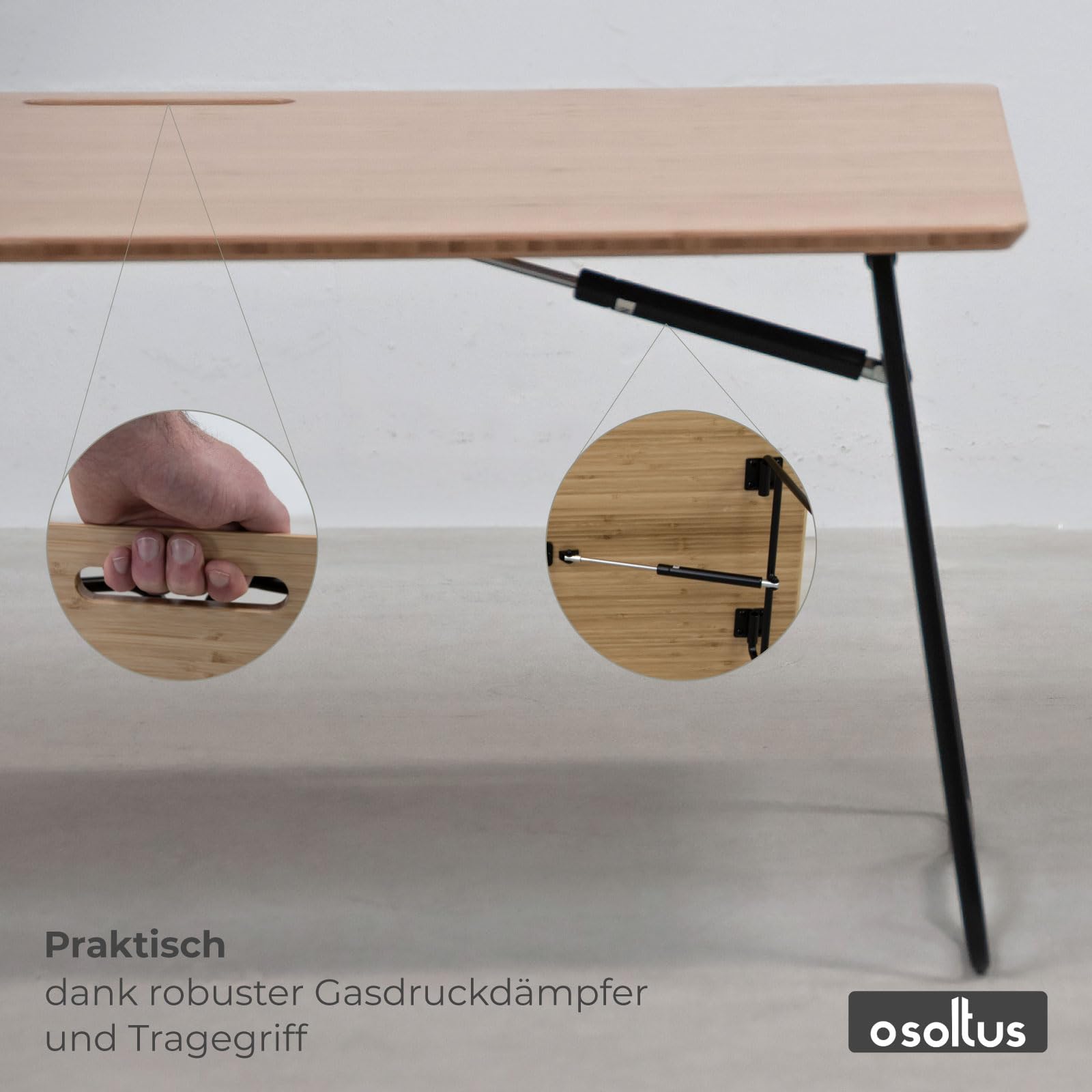 osoltus Campingtisch Blavand Bambustisch klappbar Tabletttisch mit Gasdruckfeder