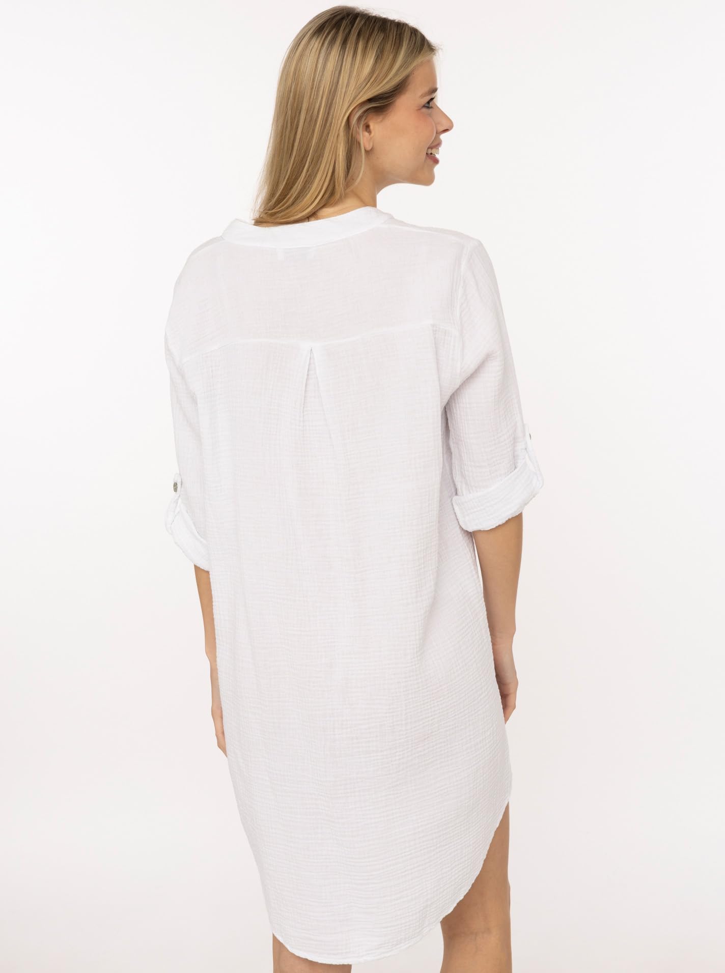 Zwillingsherz Damen Musselin Tunika mit Neon Kante – Luftige Bluse aus 100% Baumwolle – Sommer Oberteil mit V-Ausschnitt und 3/4 Arm – Locker geschnittenes Longshirt für Freizeit Urlaub Strand