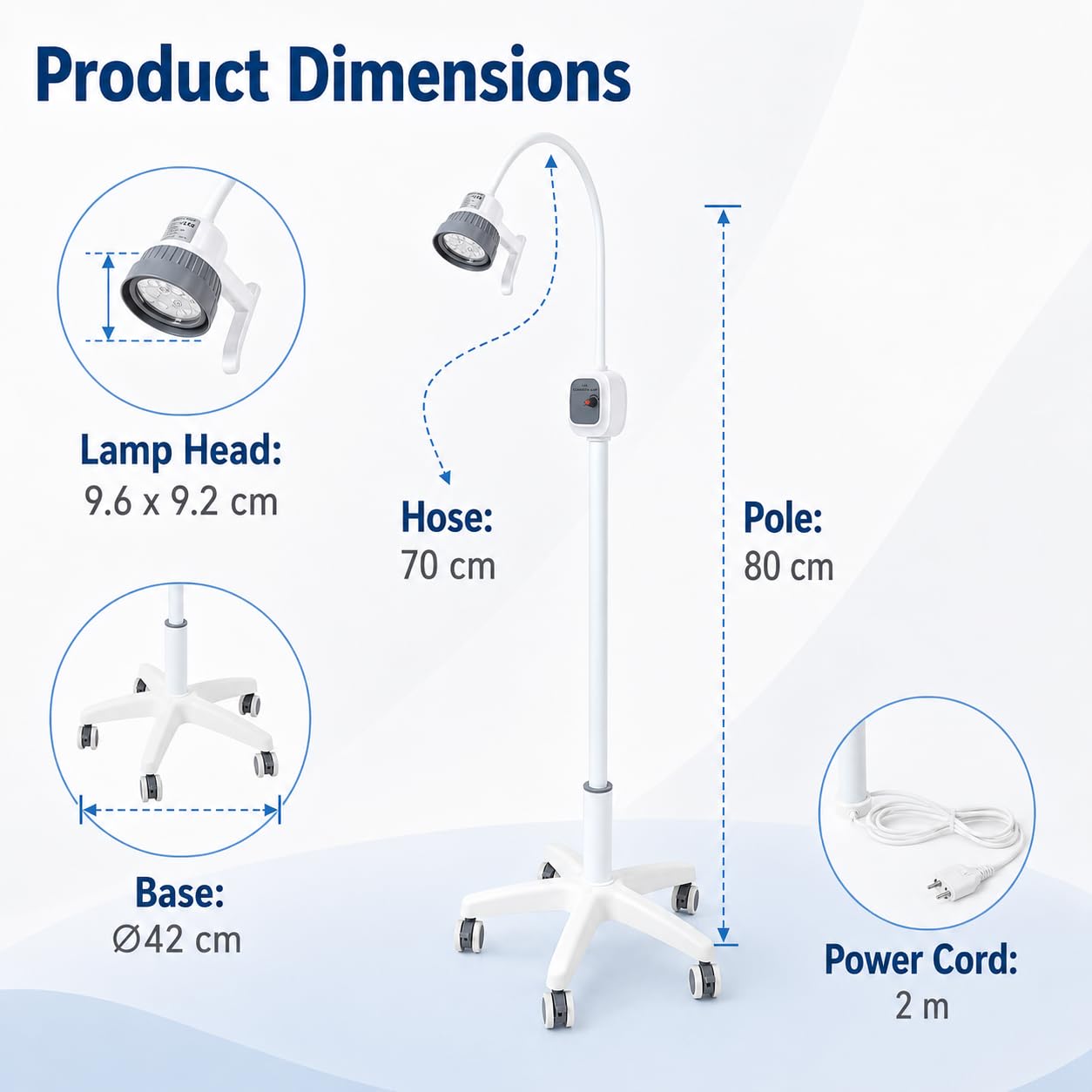 Lampa LED do badań chirurgicznych, 12 W, z 7 koralikami, 7500 luksów, przenośna lampa do ginekologii i kologii, długość drążka 80 cm, z 5 kółkami do klinik dentystycznych