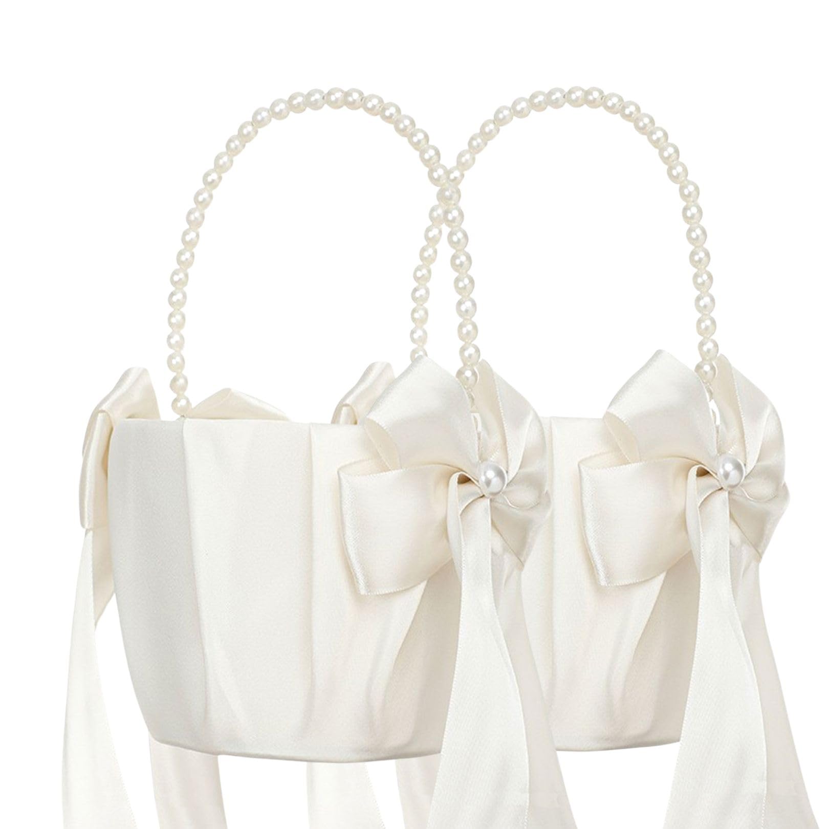 Panier de bouquetière de mariage avec anse en perles et nœud satin ivoire