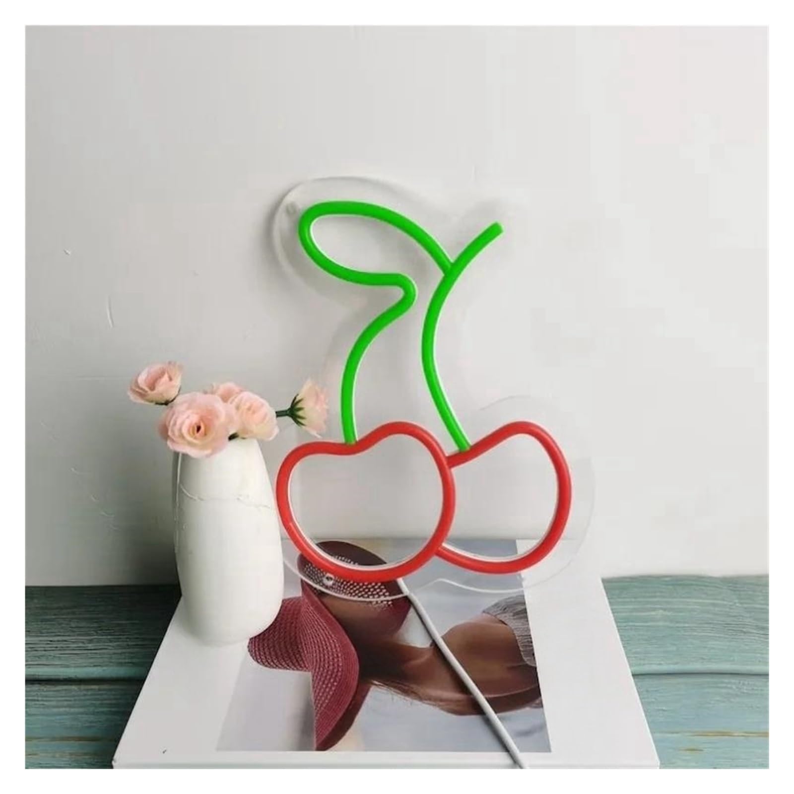 Luz de Diseño de Digital Letrero De Neón De Cereza Regulable, Luces De Neón Verdes Y Rosas Para Decoración De Pared De Fiesta De Club Bistro Alimentada Por USB 20cmx25cm