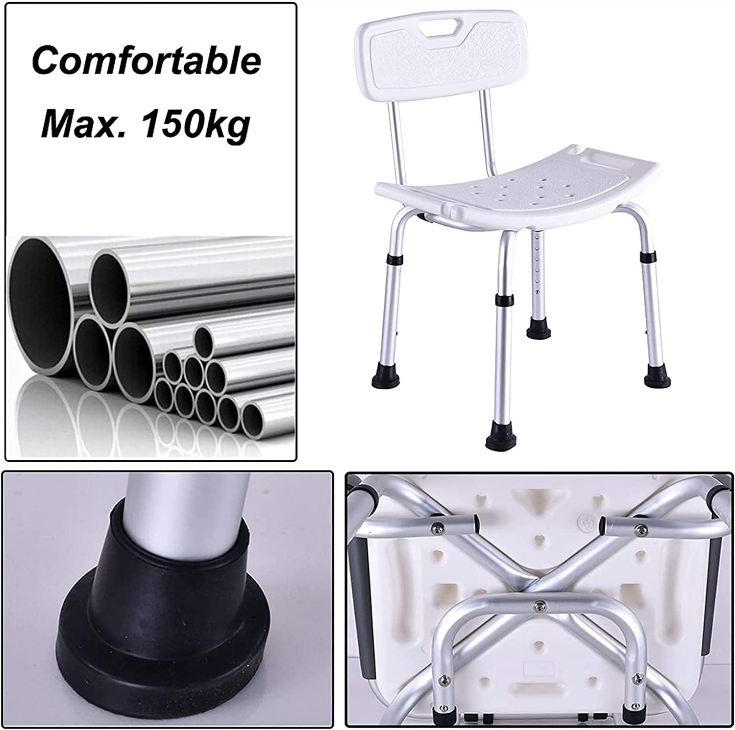 Silla de Ducha para Personas Mayores, Asiento de Ducha Premium para Adultos con discapacidad y Respaldo Ajustable en Altura, Taburete de bañera, Banco de Ducha, 51 cm, Color Blanco.